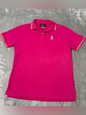 Psycho Bunny Polo Shirt Pink Orange Contrast Bunny Pima Cotton Men's 7 Large